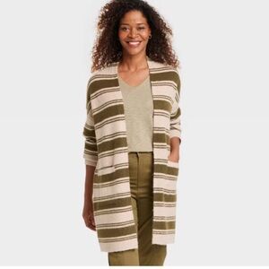 NWT Knox Rose Boho Olive/Beige Striped Cardigan Size X-Small Coastal Grandma